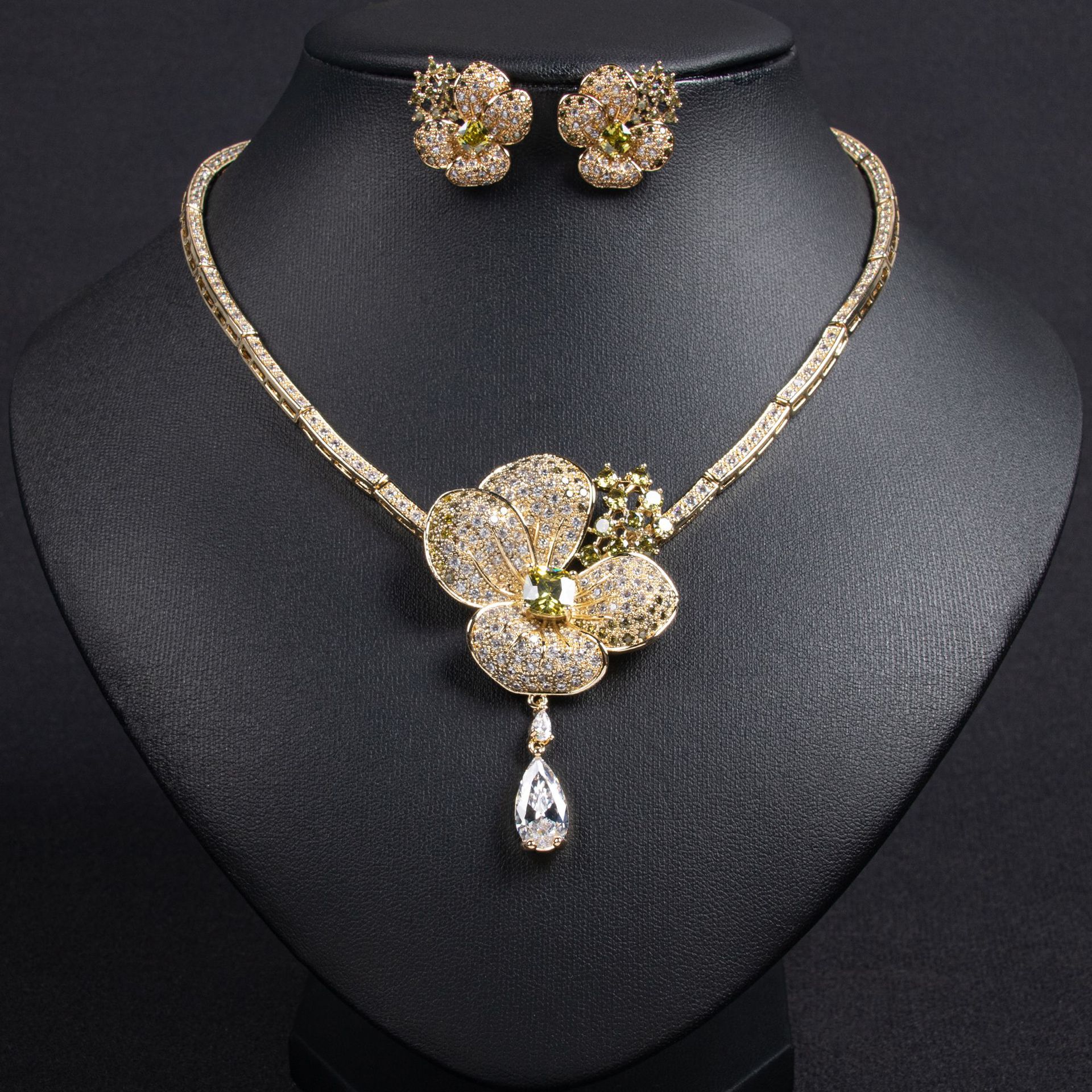 luxury zircon rose bridal jewelry set | elegant flower necklace & earrings 3