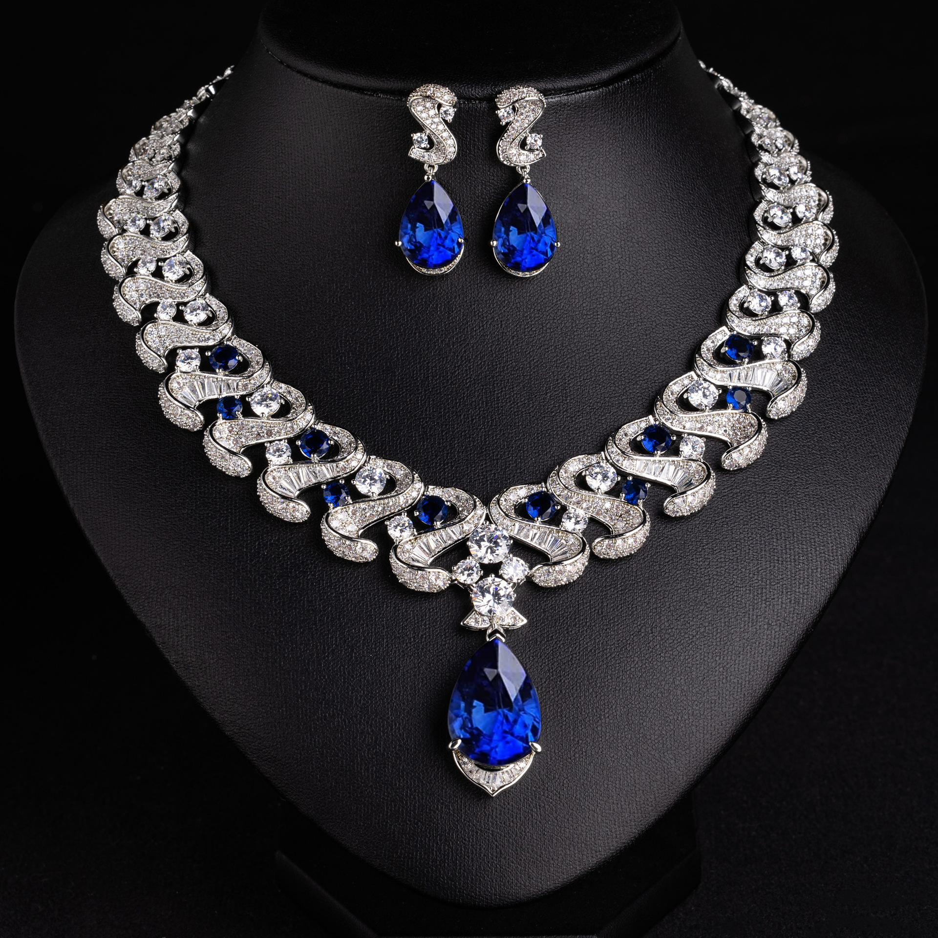 luxury platinum plated teardrop bridal jewelry set | crystal zircon wedding duo 2