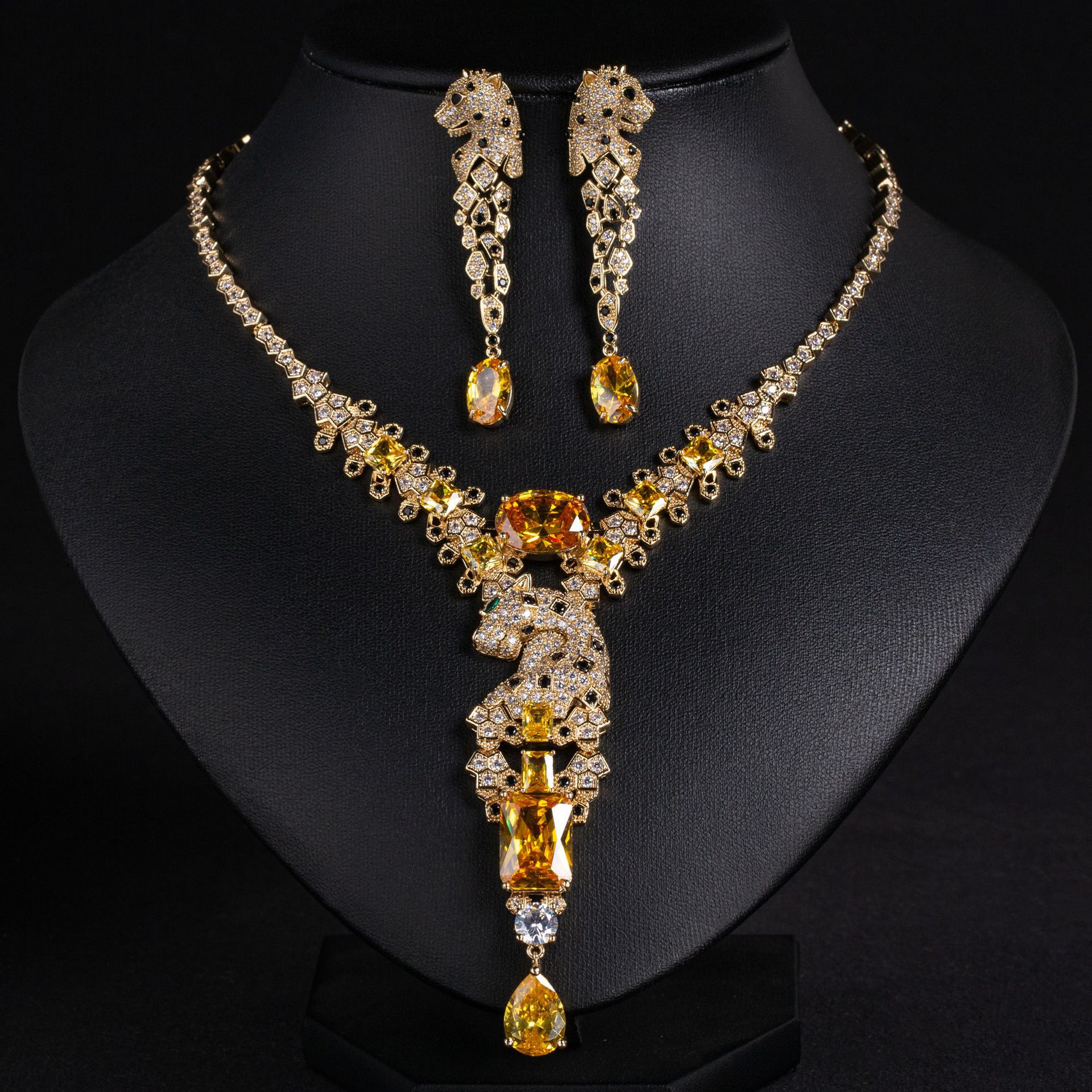 luxury vintage panther jewelry set | crystal zircon necklace earrings 9