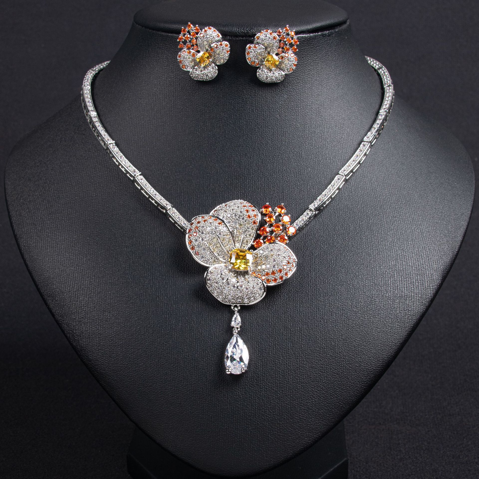 luxury zircon rose bridal jewelry set | elegant flower necklace & earrings 7