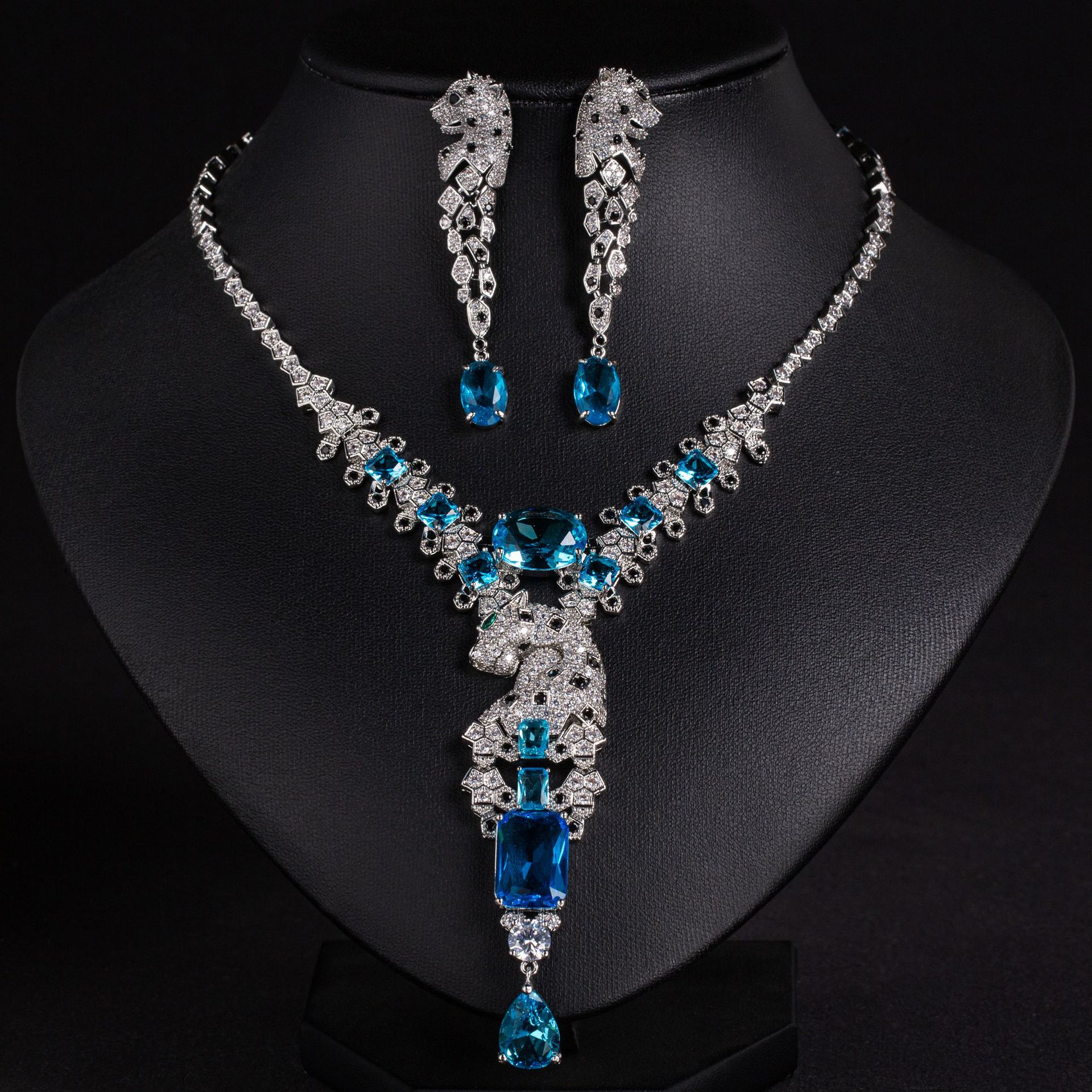 luxury vintage panther jewelry set | crystal zircon necklace earrings 6