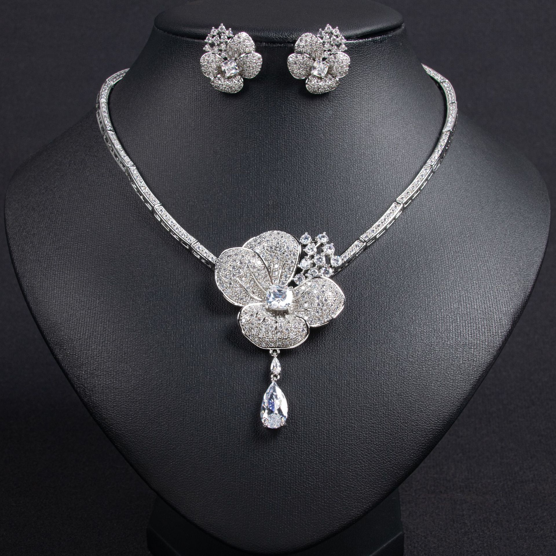 luxury zircon rose bridal jewelry set | elegant flower necklace & earrings luxury zircon rose bridal jewelry set | elegant flower necklace & earrings