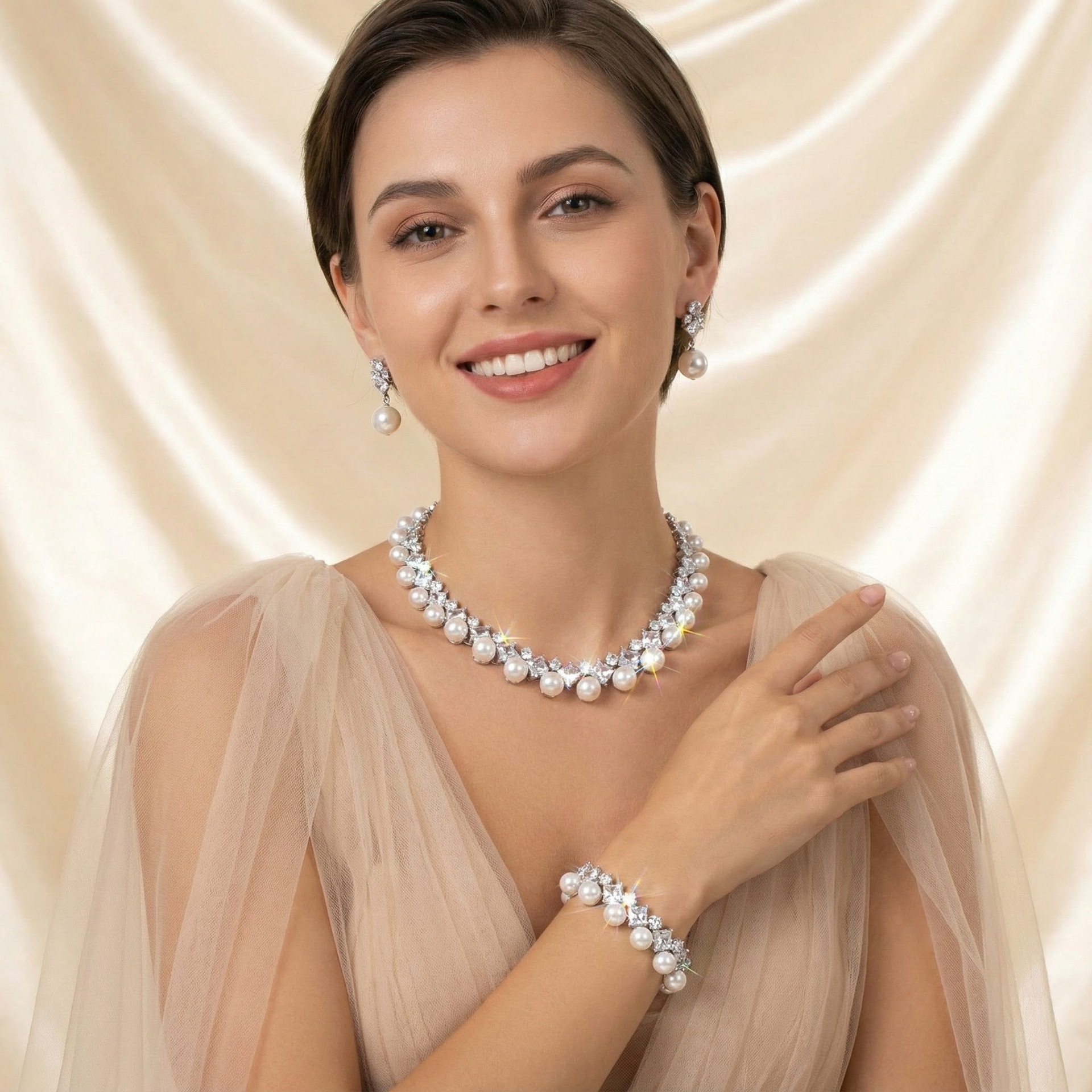 vintage pearl bridal jewelry set | luxury zircon necklace & tassel earrings 3