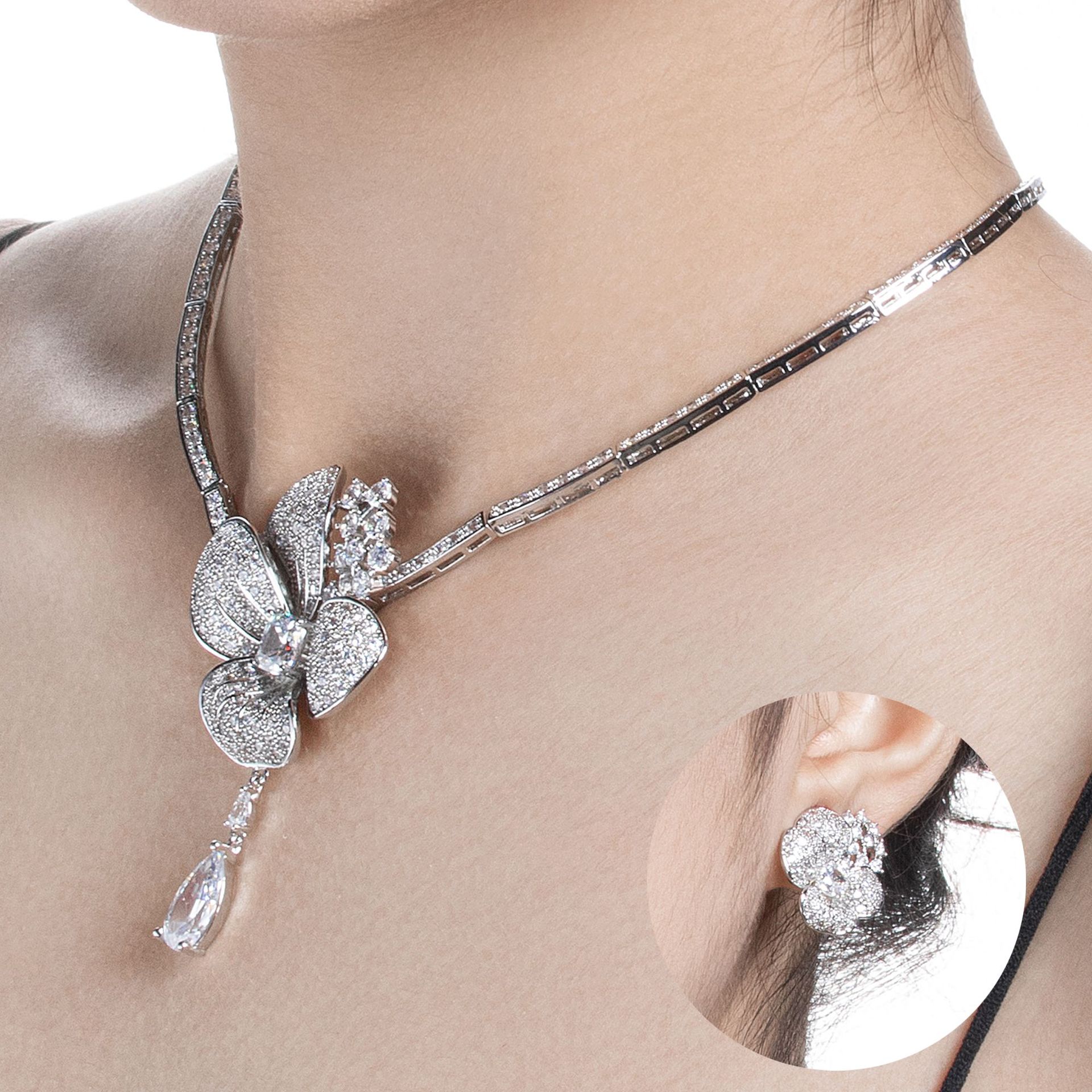 luxury zircon rose bridal jewelry set | elegant flower necklace & earrings 4