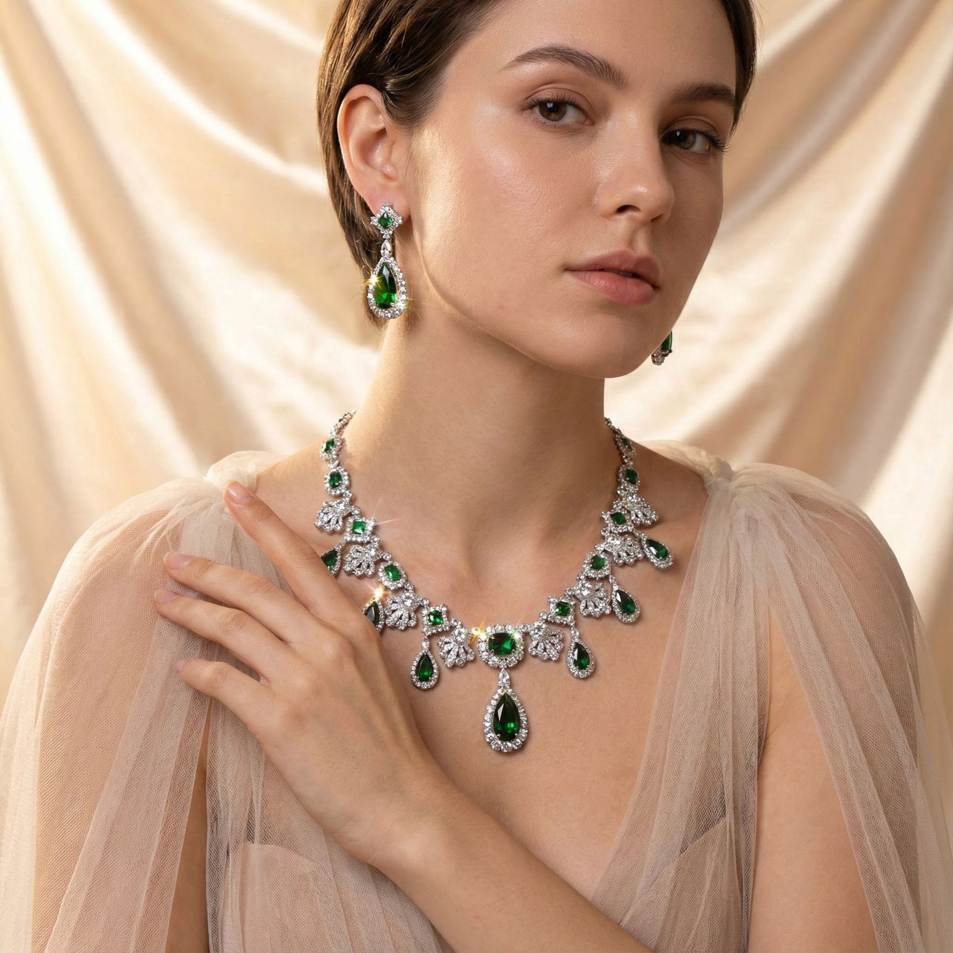 louvre vintage emerald drop jewelry set | luxury zircon necklace & earrings 3